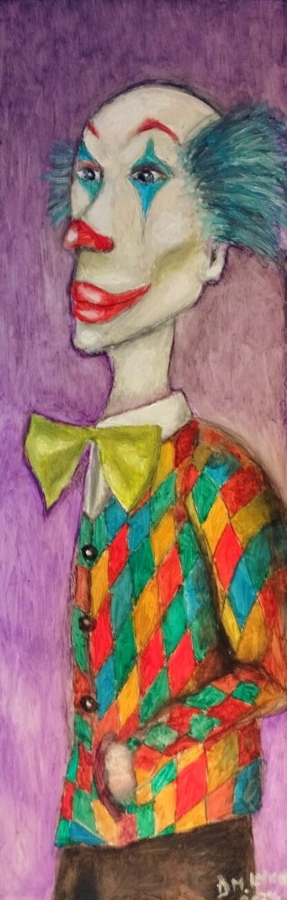 The is portrait painting of a clown and was inspired by a visit to a local circus. Painted by Irish artist David Lynch.